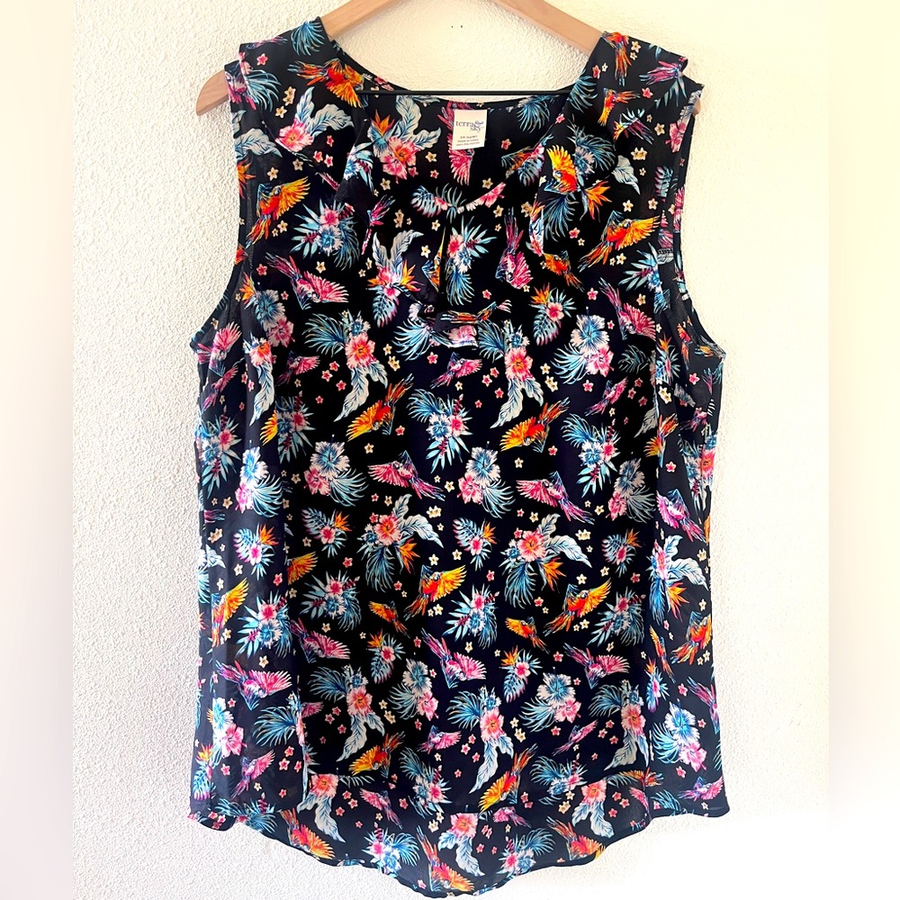 Terra & Sky Sheer Flowy Parrot Macaw Print Peasant Blouse